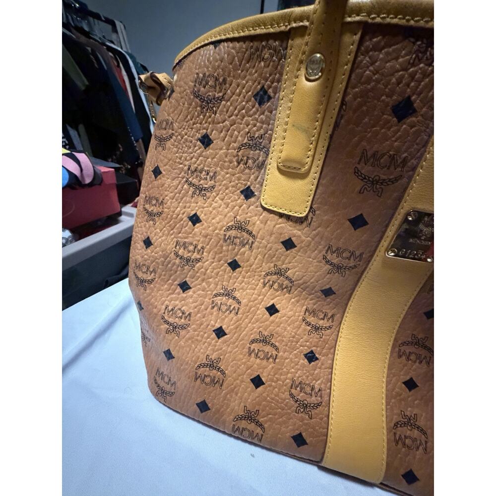 MCM Monogram Large Tote Bag Brown/Yellow, Detachable Strap, Drawstring, Gold - Picture 2 of 8
